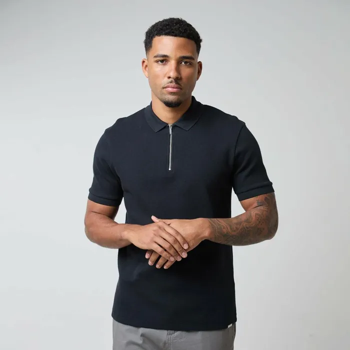 Closure London Waffle Zipped Polo Black Men Shorts