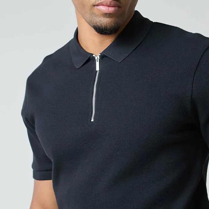 Closure London Waffle Zipped Polo Black Men Shorts