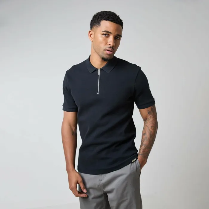 Closure London Waffle Zipped Polo Black Men Shorts