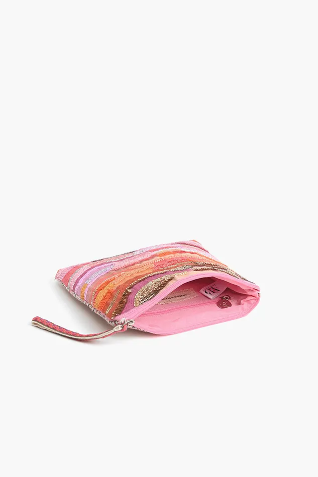 Clutches America and Beyond Women Orange to Mauve Ombre Embellished Top Zip Clutch