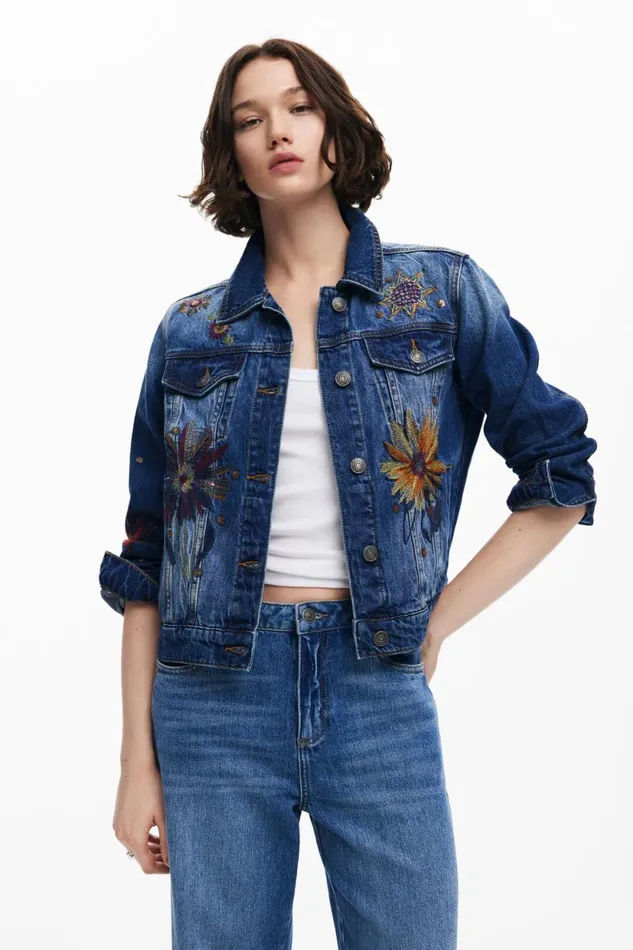 Coats And Jackets Women Desigual Floral Trucker Denim Jacket Blue