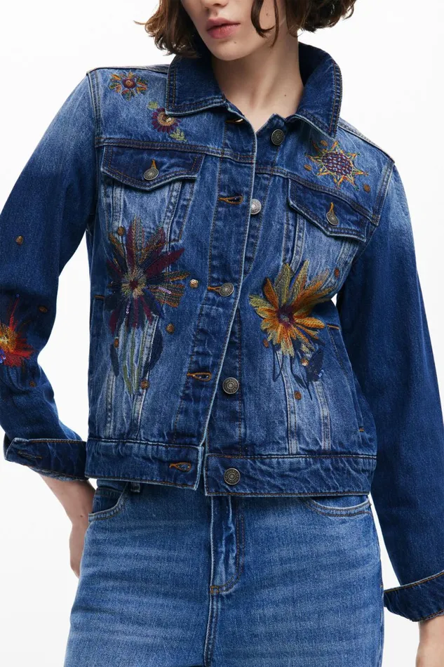 Coats And Jackets Women Desigual Floral Trucker Denim Jacket Blue
