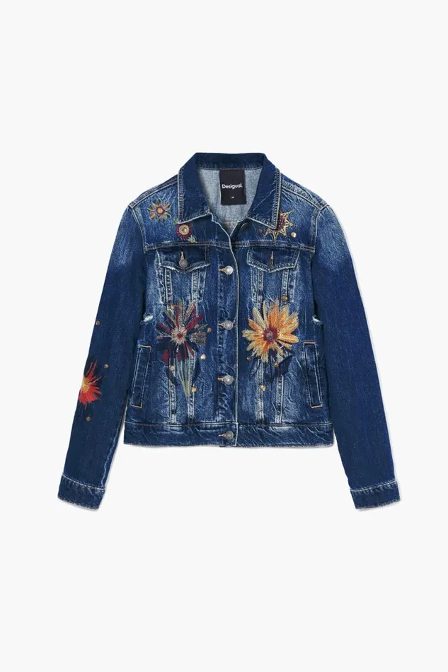 Coats And Jackets Women Desigual Floral Trucker Denim Jacket Blue