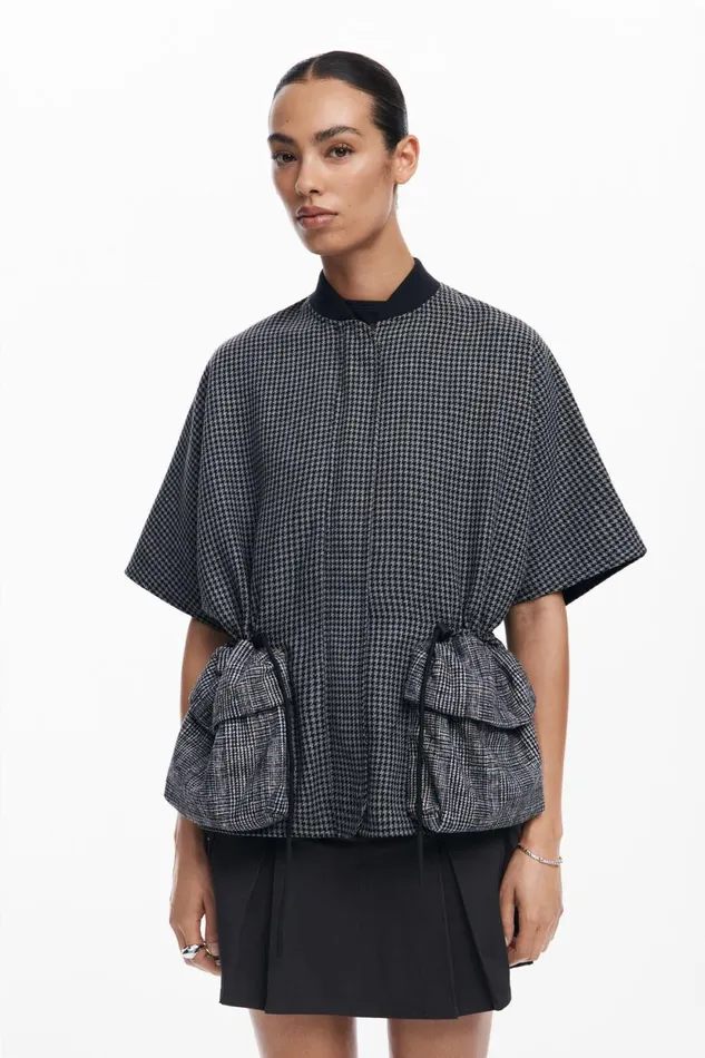 Coats And Jackets Women Desigual Houndstooth Poncho Black