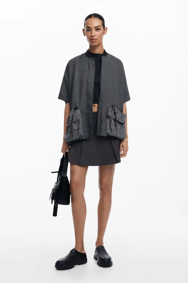 Coats And Jackets Women Desigual Houndstooth Poncho Black
