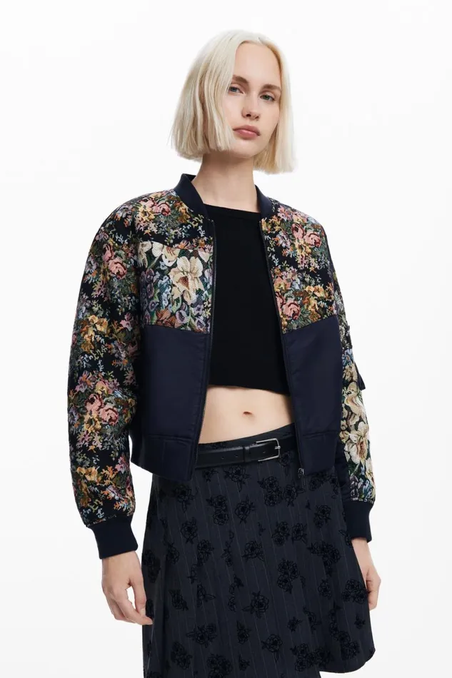 Coats And Jackets Women Desigual Printed Bomber Jacket Black