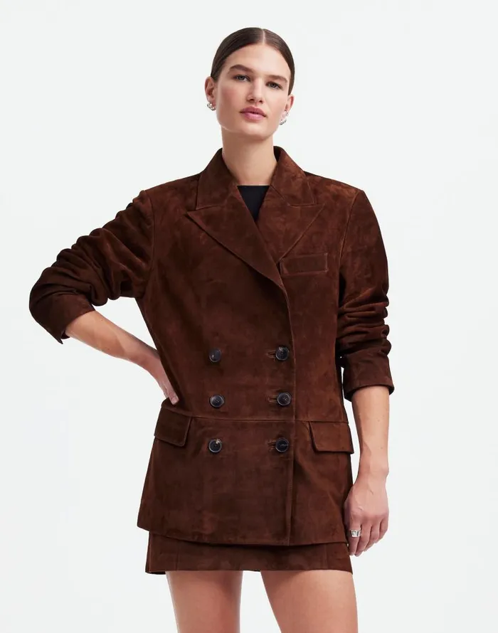 Coats Jackets Women Madewell Alexa Chung For Madewell DoubleBreasted Blazer In Suede Dark Roast Suede
