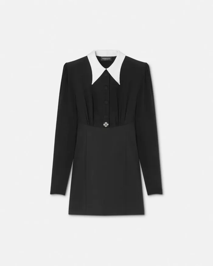 ContrastCollar Silk Crpe Mini Dress Black Women Versace Dresses