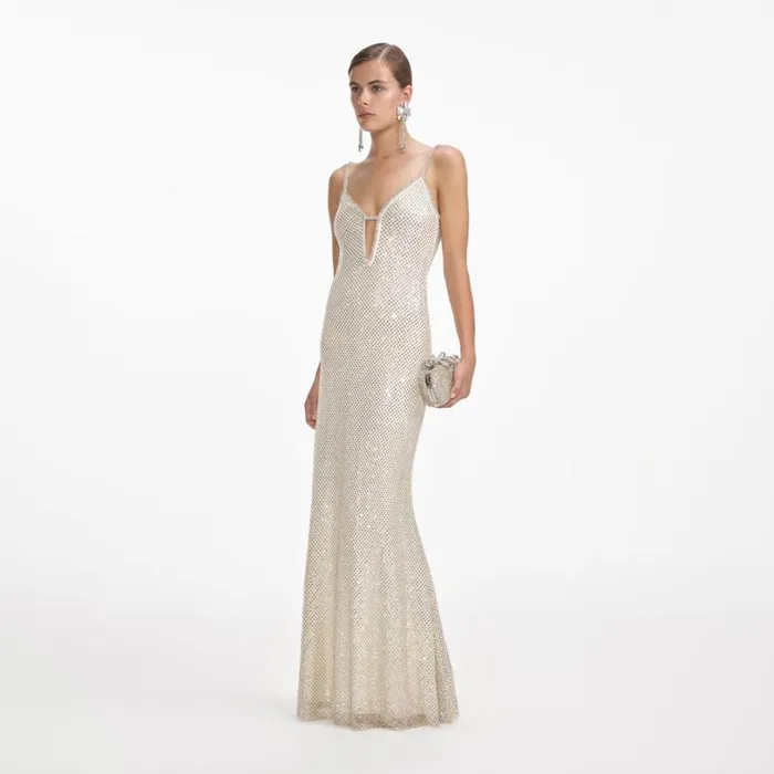 Cream Square Rhinestone Fishnet Maxi Dress Women Self Portrait Dresses Cream Square Rhinestone Fishnet Maxi Dress Women Self Portrait Dresses