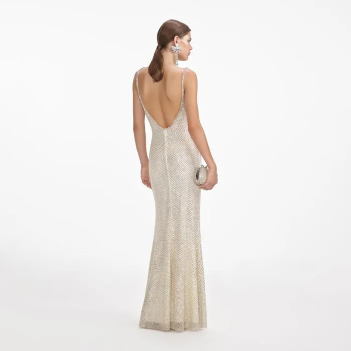 Cream Square Rhinestone Fishnet Maxi Dress Women Self Portrait Dresses Cream Square Rhinestone Fishnet Maxi Dress Women Self Portrait Dresses