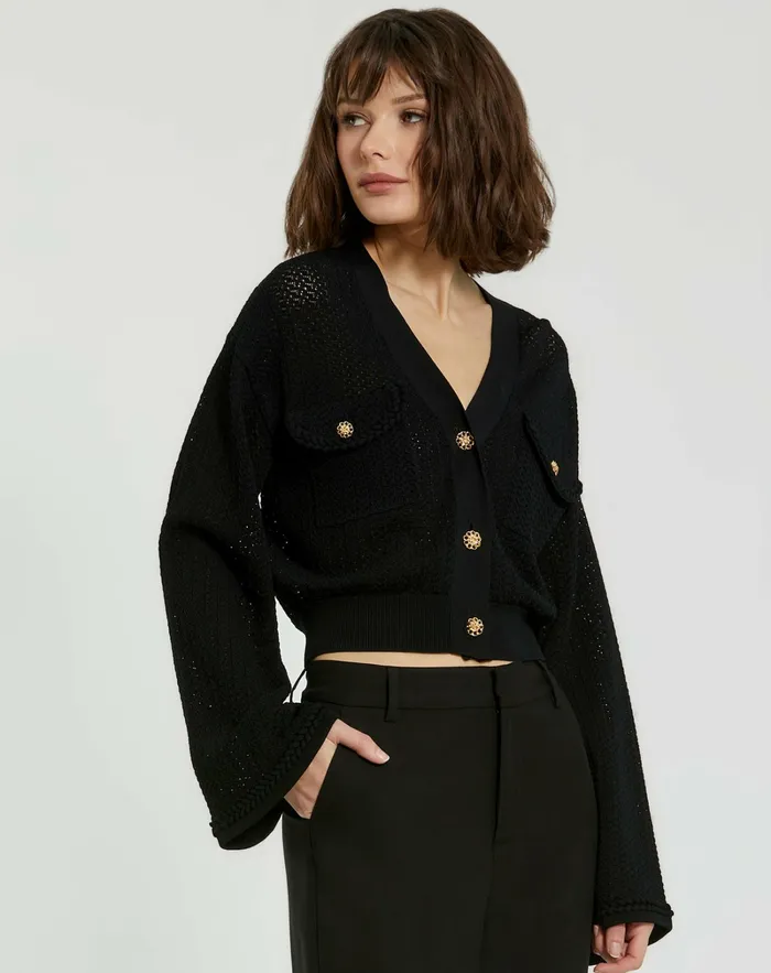 Crochet Knit Flare Long Sleeve Gold Button Cropped Cardigan 8211 FINAL SA Black Knitwear Mac Duggal Women Crochet Knit Flare Long Sleeve Gold Button Cropped Cardigan 8211 FINAL SA Black Knitwear Mac Duggal Women