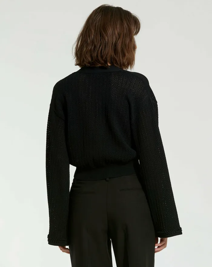 Crochet Knit Flare Long Sleeve Gold Button Cropped Cardigan 8211 FINAL SA Black Knitwear Mac Duggal Women