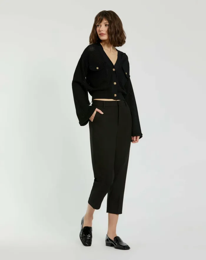 Crochet Knit Flare Long Sleeve Gold Button Cropped Cardigan 8211 FINAL SA Black Knitwear Mac Duggal Women