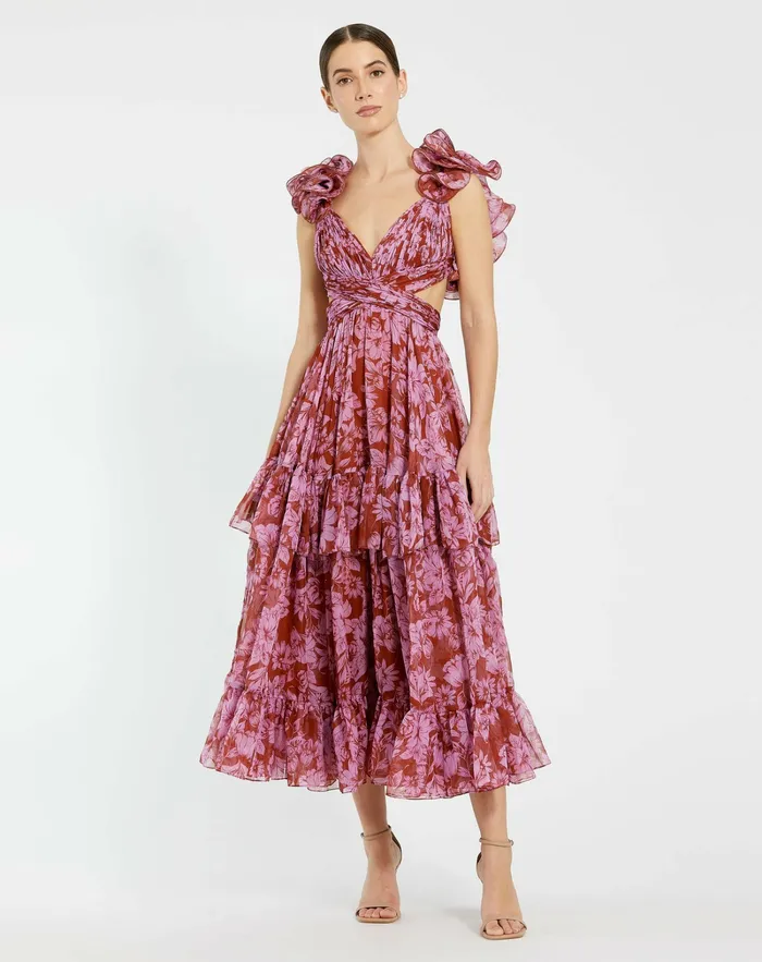Daytime Dresses Women Ruffle Tiered CutOut Chiffon Midi Dress Red Multi Mac Duggal Daytime Dresses Women Ruffle Tiered CutOut Chiffon Midi Dress Red Multi Mac Duggal