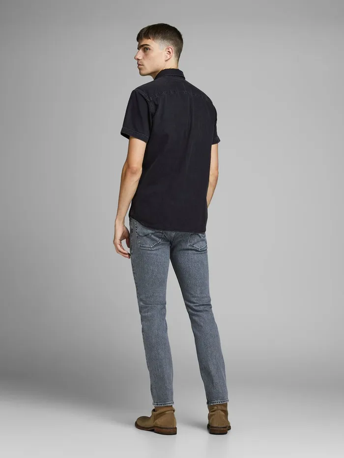 Denim Shirts JACK and JONES Mens BASIC SHORT SLEEVED SHIRT Black Black Denim On Sale