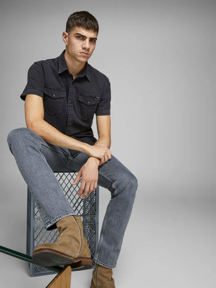 Denim Shirts JACK and JONES Mens BASIC SHORT SLEEVED SHIRT Black Black Denim On Sale