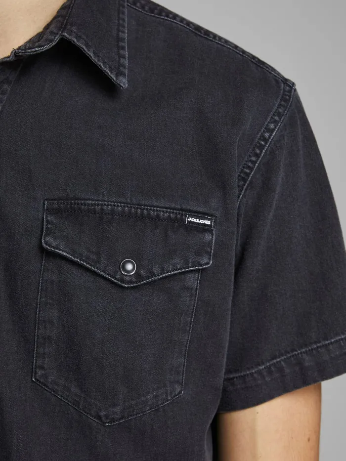 Denim Shirts JACK and JONES Mens BASIC SHORT SLEEVED SHIRT Black Black Denim On Sale