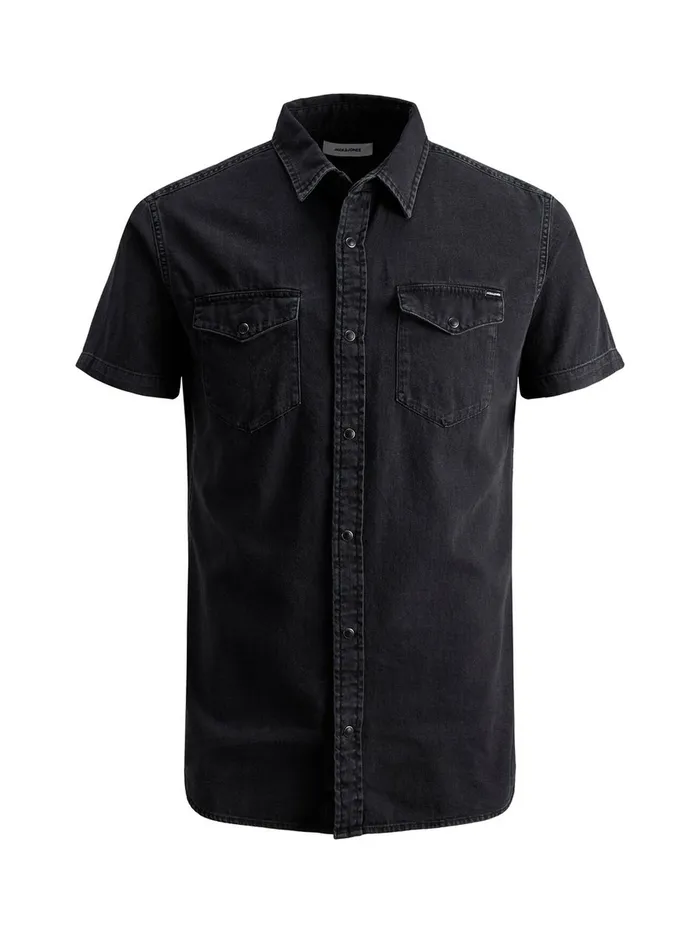 Denim Shirts JACK and JONES Mens BASIC SHORT SLEEVED SHIRT Black Black Denim On Sale
