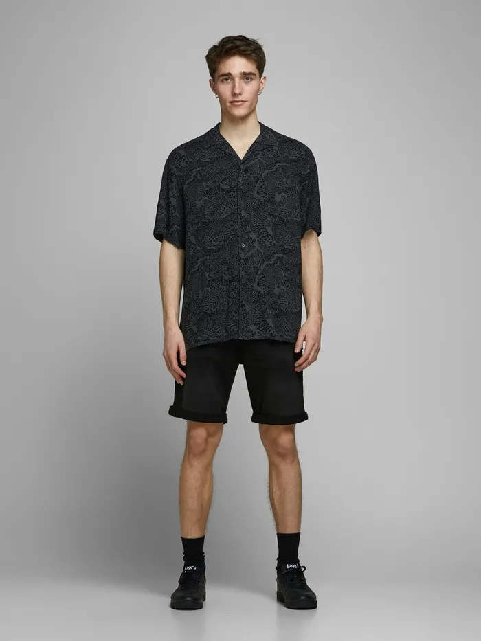 Denim Shorts JACK and JONES Mens RICK ICON GE 010 INDIGO KNIT DENIM SHORTS Black Black Denim Casaul