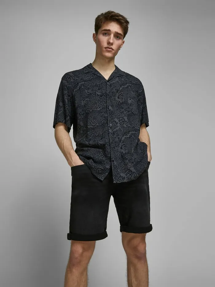 Denim Shorts JACK and JONES Mens RICK ICON GE 010 INDIGO KNIT DENIM SHORTS Black Black Denim Casaul