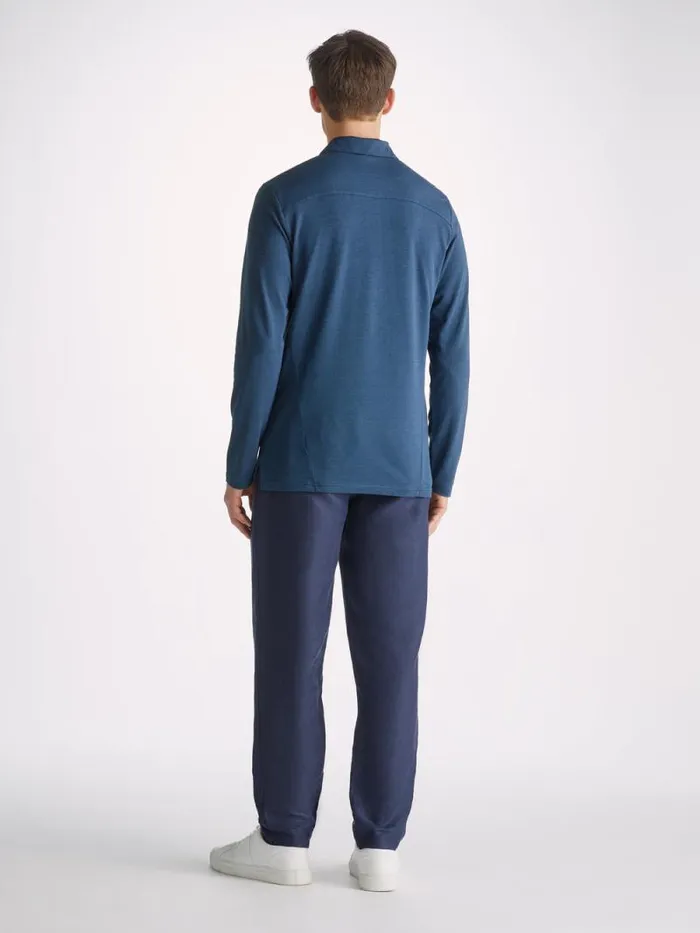 Derek Rose Casual Shirts Men Long Sleeve Polo Shirt Ramsay 2 Pique Cotton Tencel Denim