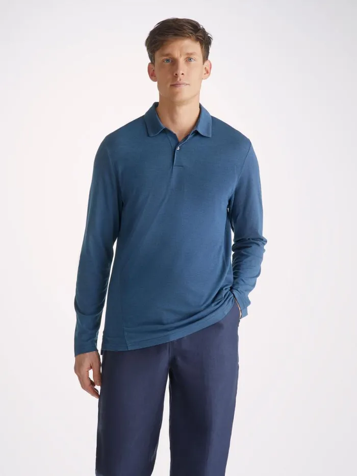 Derek Rose Casual Shirts Men Long Sleeve Polo Shirt Ramsay 2 Pique Cotton Tencel Denim