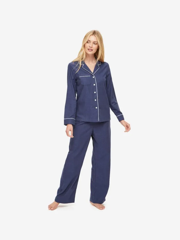 Derek Rose Cotton Pajamas Women Pajamas Balmoral 3 Brushed Cotton Navy