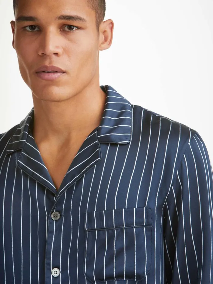 Derek Rose Long Pajamas Men Pajamas Brindisi 102 Silk Satin Navy