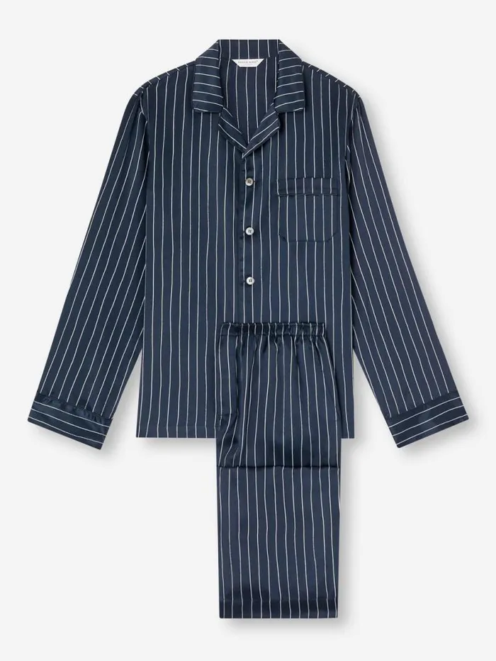 Derek Rose Long Pajamas Men Pajamas Brindisi 102 Silk Satin Navy