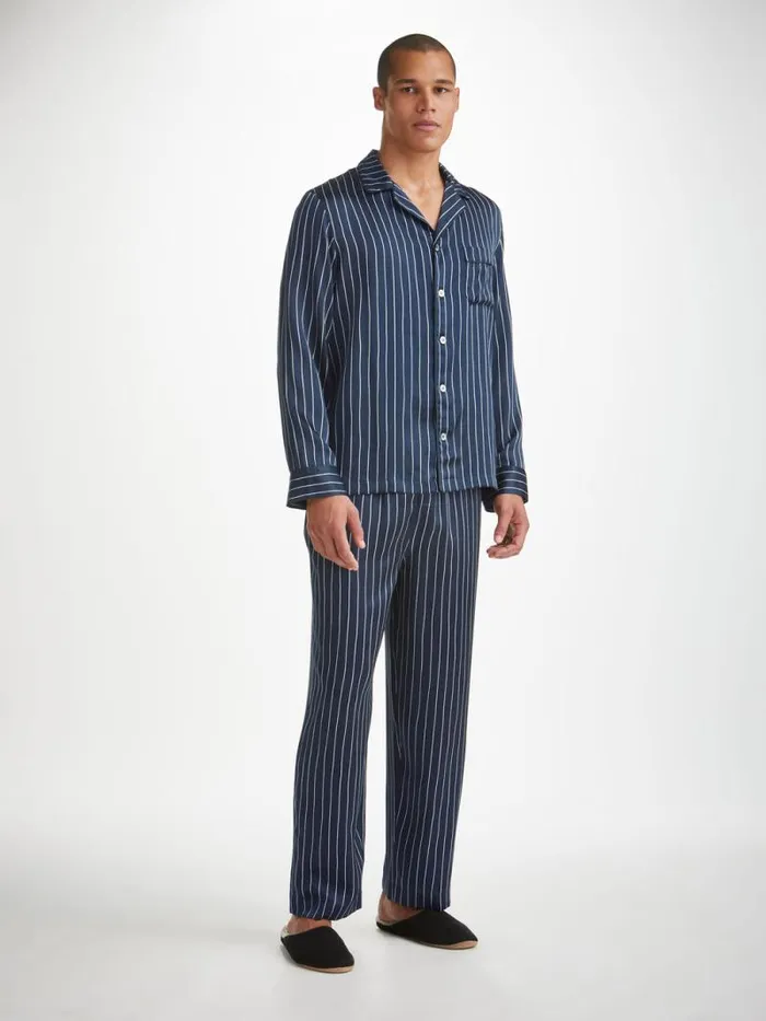 Derek Rose Long Pajamas Men Pajamas Brindisi 102 Silk Satin Navy