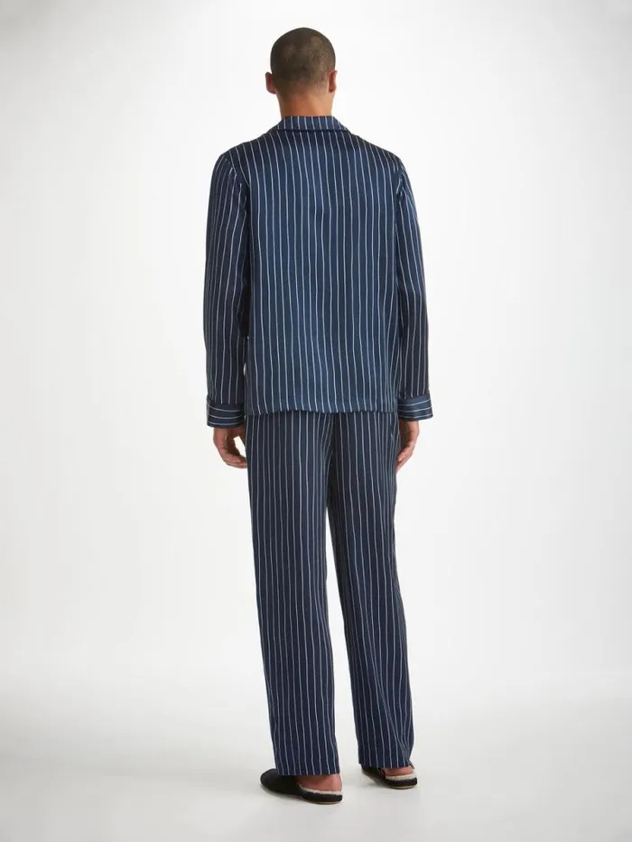 Derek Rose Long Pajamas Men Pajamas Brindisi 102 Silk Satin Navy