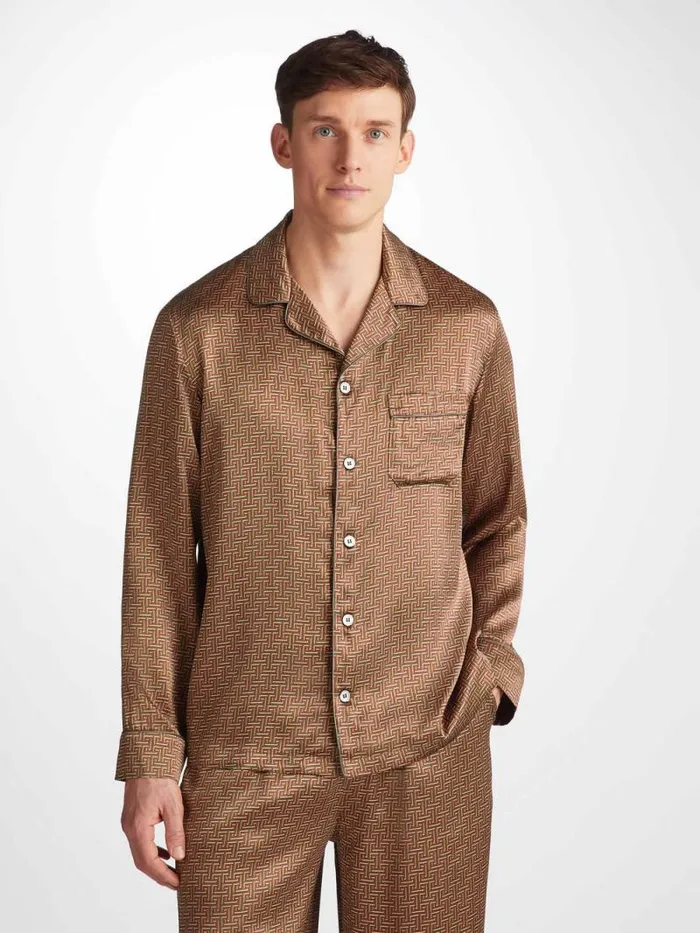 Derek Rose Long Pajamas Men Pajamas Brindisi 109 Silk Satin Green