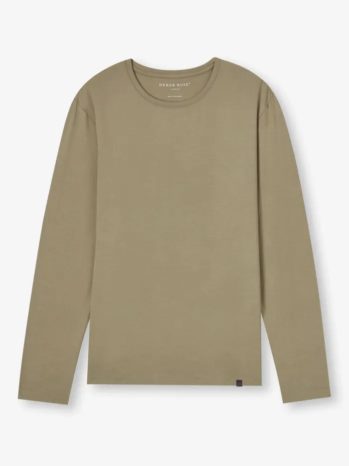 Derek Rose Long Sleeve TShirts Men Long Sleeve TShirt Basel Micro Modal Stretch Khaki