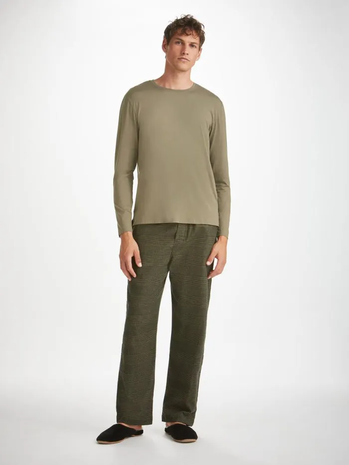 Derek Rose Long Sleeve TShirts Men Long Sleeve TShirt Basel Micro Modal Stretch Khaki