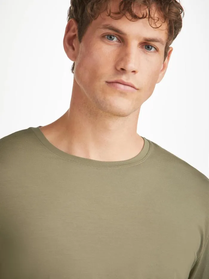 Derek Rose Long Sleeve TShirts Men Long Sleeve TShirt Basel Micro Modal Stretch Khaki