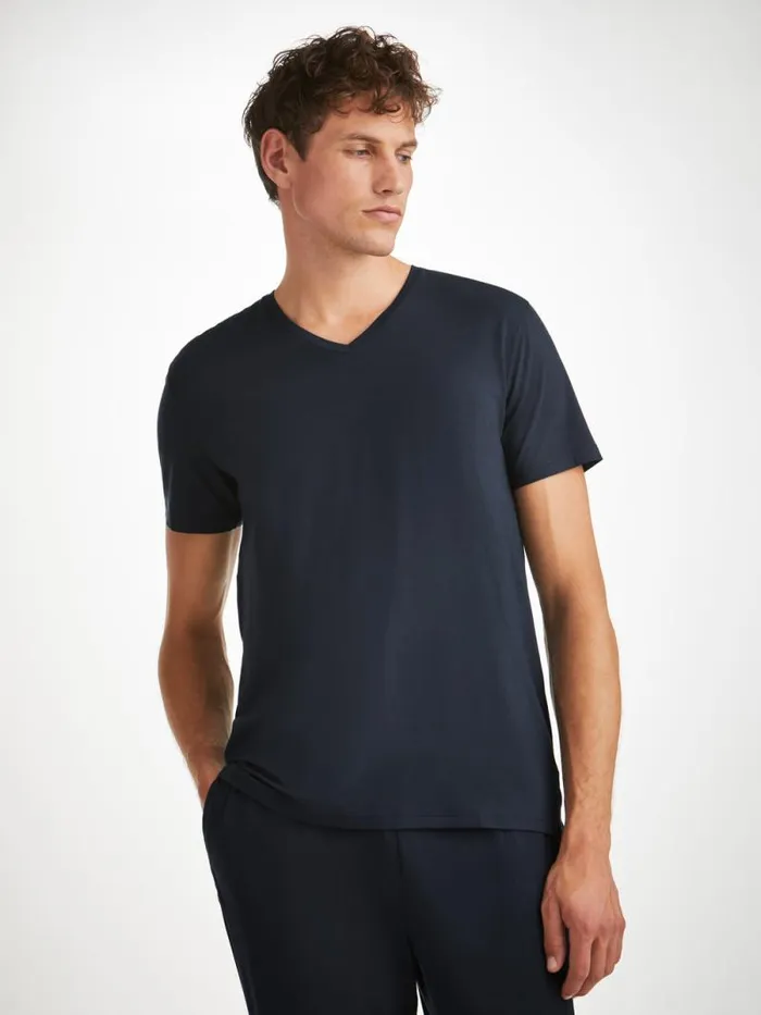 Derek Rose Short Sleeve TShirts Men VNeck TShirt Basel Micro Modal Stretch Navy