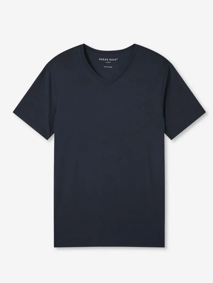 Derek Rose Short Sleeve TShirts Men VNeck TShirt Basel Micro Modal Stretch Navy