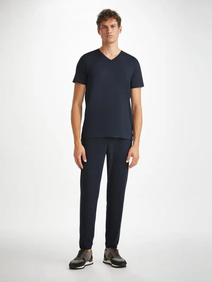 Derek Rose Short Sleeve TShirts Men VNeck TShirt Basel Micro Modal Stretch Navy