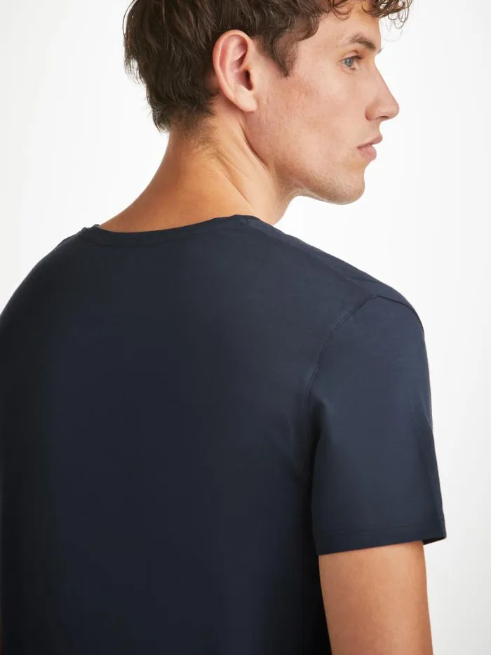 Derek Rose Short Sleeve TShirts Men VNeck TShirt Basel Micro Modal Stretch Navy