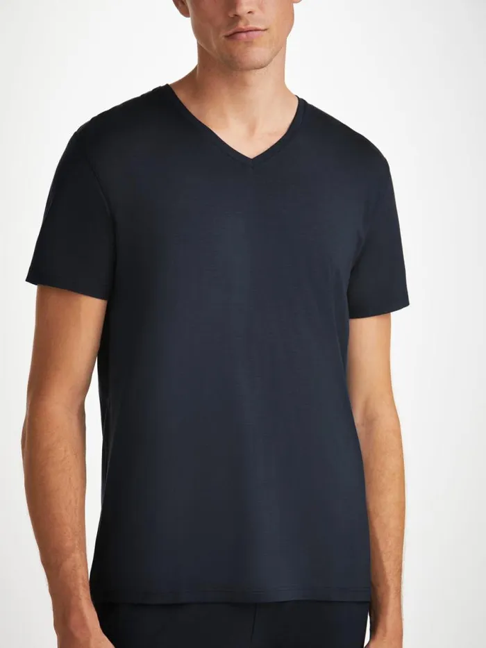 Derek Rose Short Sleeve TShirts Men VNeck TShirt Basel Micro Modal Stretch Navy