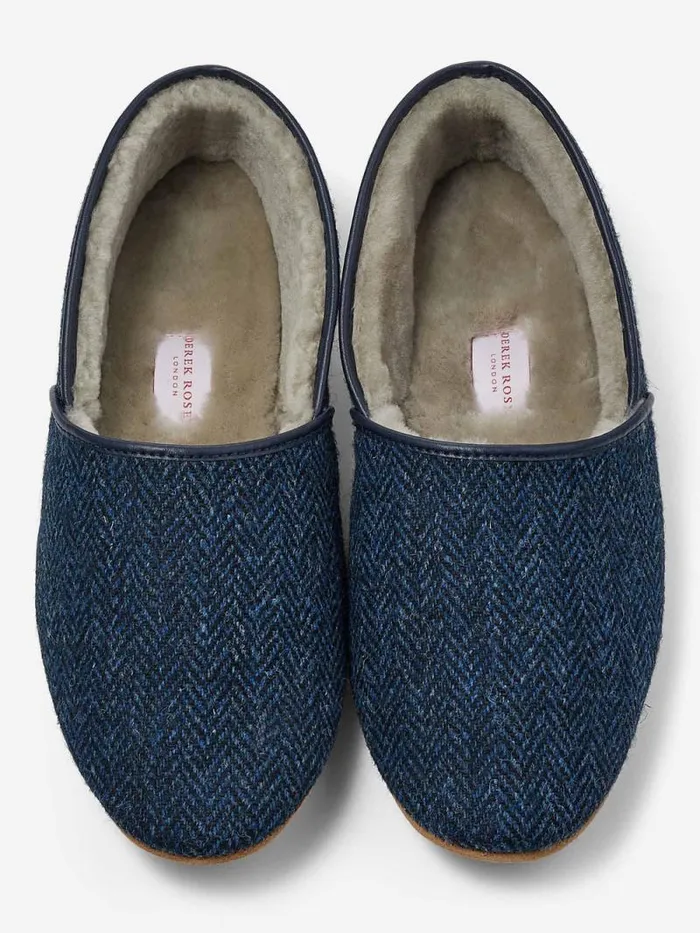 Derek Rose Slippers MenSlippers Slippers Crawford 2 Harris Tweed Sheepskin Navy