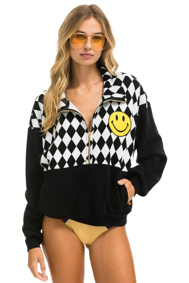 Diamond Smiley 2 Embroidery Fleece Half Zip Sweatshirt 8211 Black White WomenMen Aviator Nation Sweatshirts