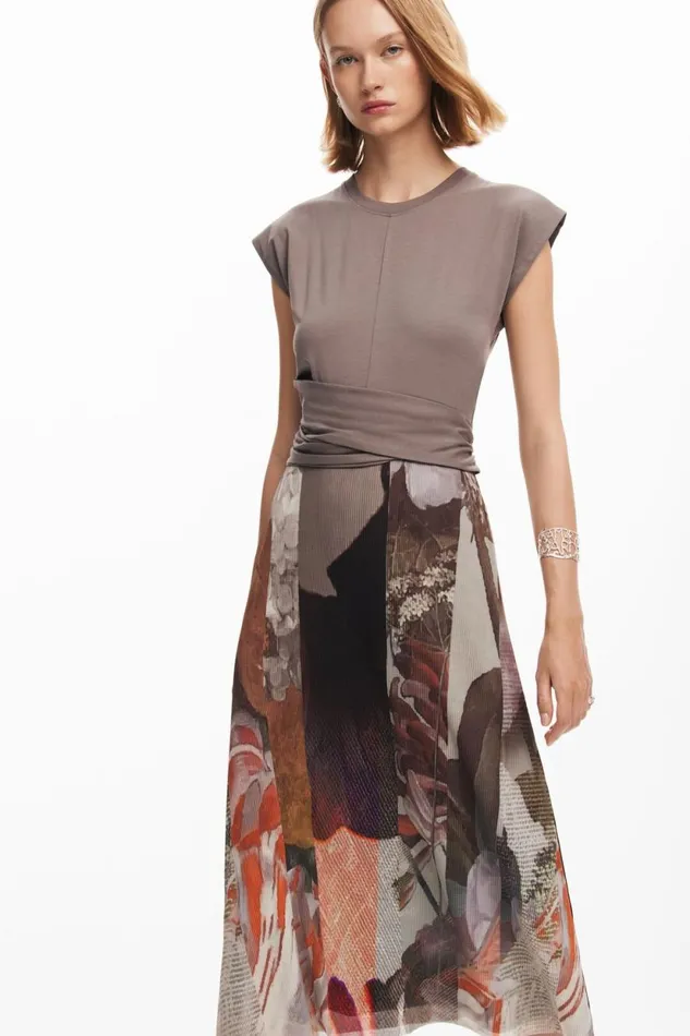 Dresses And Jumpsuits Women Desigual Hybrid Floral Midi Dress Brown