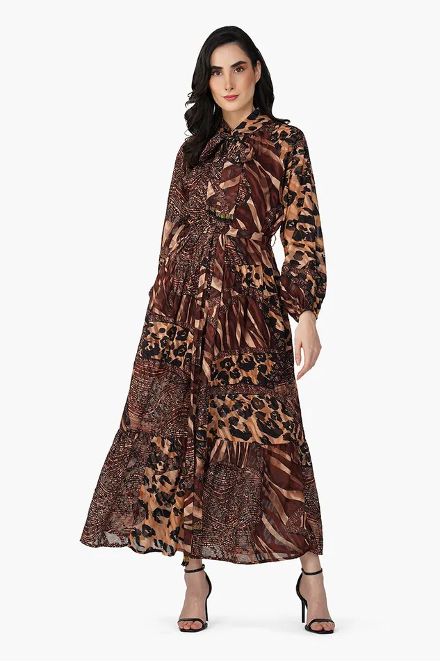 Dresses Women America and Beyond Brown Animal Patch Print Maxi Dress
