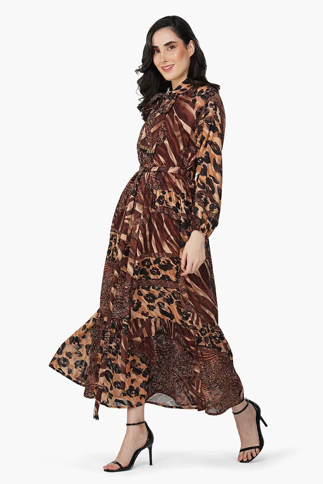 Dresses Women America and Beyond Brown Animal Patch Print Maxi Dress