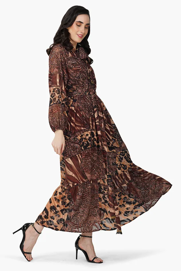 Dresses Women America and Beyond Brown Animal Patch Print Maxi Dress