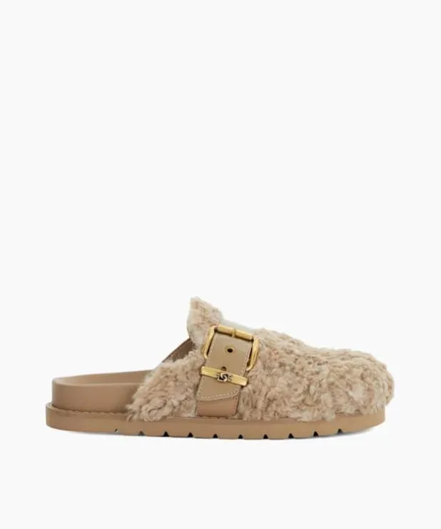 Dune London Flat Shoes Women Borg Finish Buckle Sliders Brown