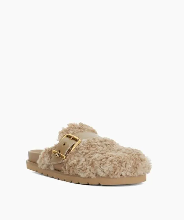 Dune London Flat Shoes Women Borg Finish Buckle Sliders Brown