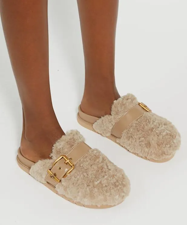 Dune London Flat Shoes Women Borg Finish Buckle Sliders Brown