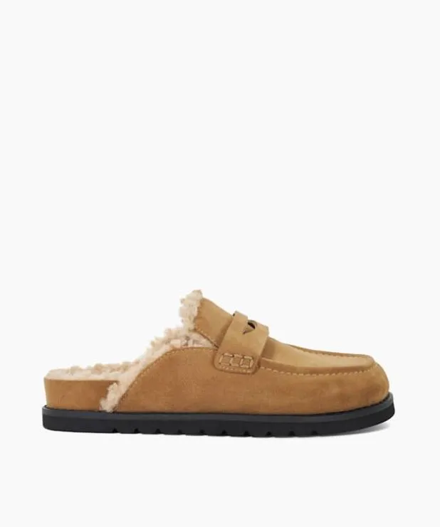 Dune London Flat Shoes Women Faux Shearling Lined Backless Mule Suede Loafers Neutral